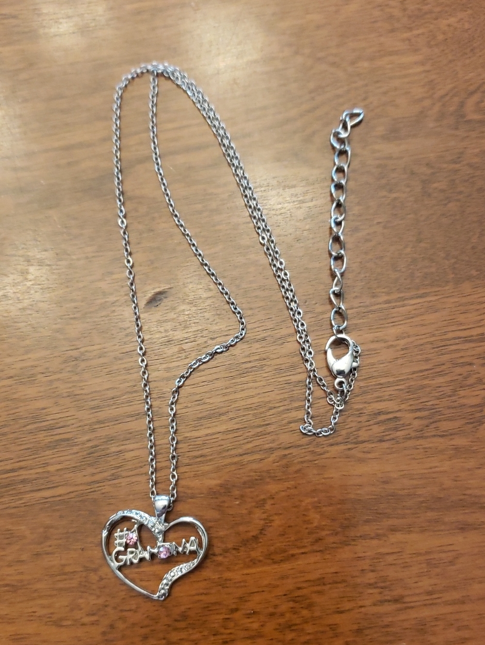 Silver Heart "#1 Grandma" Script Necklace With Pink Rhinstones - 18", Plus 2" - Picture 3 of 8
